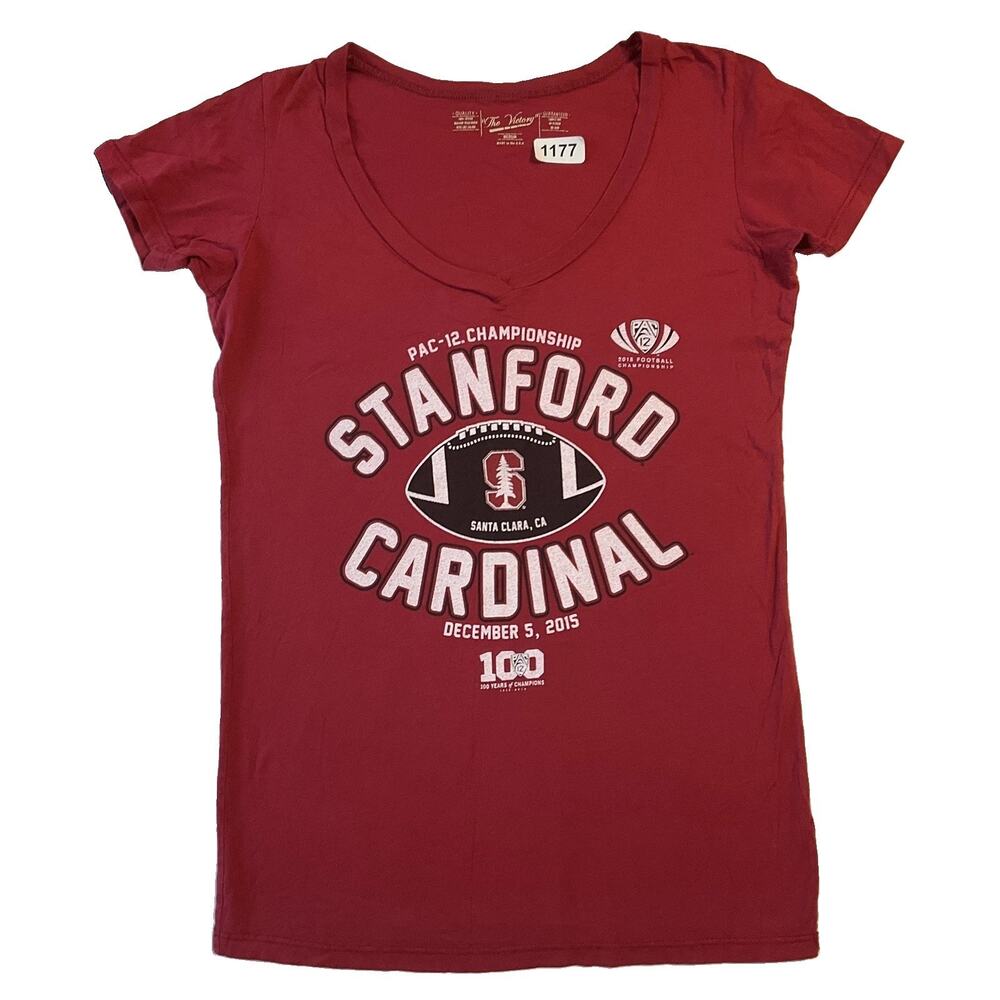 The Victory Women Shirt MEDIUM Red Sports Logo V-Neck Short Sleeve Stanford